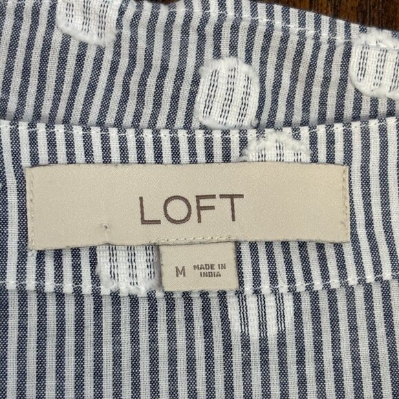 LOFT Wrap Top Medium Blue White Striped Polka Dot Short Sleeve Cotton Blouse - Picture 7 of 9